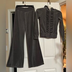 Elegant Charcoal Velour Wide Leg Pants & Ruched Jacket Set